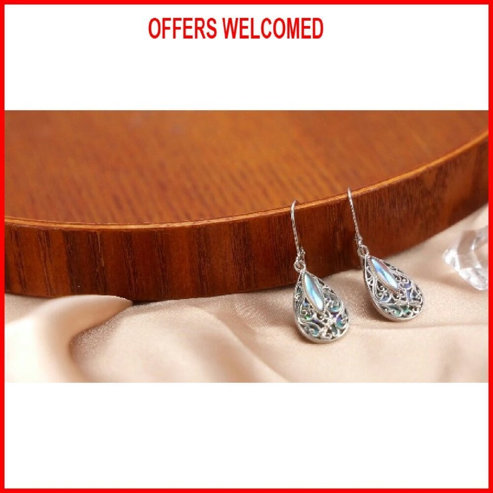 Sterling Silver Teardrop Abalone Shell Drop Dangle Earrings Leverback - Picture 8 of 8